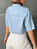 Women's Plain Cropped Drop Shoulder Denim Shirt, Elegant Style With Chest Pocket, Casual Chic Summer Wear