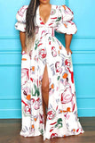 namcoverse Graffiti Print Cute Puff Sleeve High Split Maxi Dress