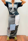 namcoverse Tiger Print Stylish Patchwork Midi Dress