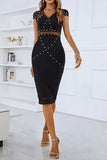 namcoverse Black Unique Rivet Design See-Through Midi Dress