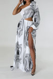 namcoverse 3D Flower Decor Ripple Print Modern Asymmetric Maxi Dress