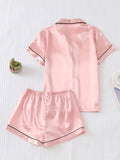 Womens Solid Satin Pajamas Set - Luxurious Short Sleeve Button Top & Bow Shorts - Soft Sleepwear & Loungewear for Stylish Nighttime Elegance, Summer Ready