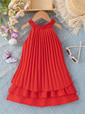 Charming Girls Sleeveless Pleated Halter Dress with Bow Accent - Lightweight Summer Swing Midi for Stylish Outings