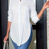 Plus Size Womens Solid Lapel Collar Long Sleeve Casual Blouse - Soft Slight Stretch Polyester Shirt with Button Front and Turn Down Collar - Semi-Sheer, Regular Length, No Printing, Perfect for Spring/Summer/Fall