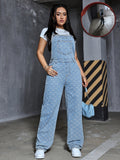 Women's Fashion Denim Overalls With Heart & Argyle Pattern, Comfortable Preppy Style, Versatile Washed Jean Jumpsuit With Pockets for autumn