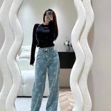 Women high waist logo letters print designer denim jeans long pants trousers SMLXL