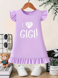 Cotton Girls Summer Cartoon Dress - Adorable Ruffle Sleeve, Loose Fit, Machine Washable, Knit Fabric, Versatile Round Neck, Cute I Love My GIGI Print - Perfect for Casual Outings