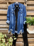 Women's Edgy Distressed Denim Jacket with Ripped Holes and Flap Pockets - Raw Hem Long Sleeves - Trendy Outerwear for Casual Wear