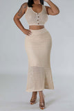 namcoverse Solid Color Crochet Cutout Beachy Fishtail Skirt Suit