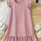 Girls' Summer Elegance: Flutter Sleeve Solid Color Dress - Ruffle Hem, Perfect for Holiday & Party Celebrations