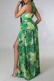 namcoverse Leaf Print O-Ring Cutout Luxe High Split Maxi Dress