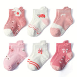 12 Pairs Of Girl's Trendy Pinky Design Floor Socks, Anti-skid Cotton Socks With Dot Glue, Boys Girls Kids Socks For All Seasons Wearing