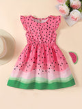 Girls Sweet Watermelon Print Ruffle Sleeve A-line Dress - Playful Vacation Casual Wear, Perfect Summer Gift for Little Fashionistas