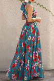 namcoverse Floral Print Bohemia Lace-Up Belted Maxi Dress