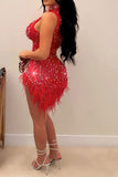 namcoverse Rhinestone Party See-Through Irregular Feather Hem Mini Dress