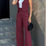 Timeless Elegance: Chic Button Vest & Wide-Leg Pants - Women's Solid Two-Piece Set, Durable & Easy-Care for All Seasons