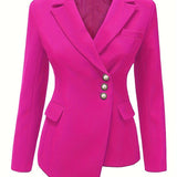 Solid Color Open Front Blazer, Casual Lapel Neck Button Long Sleeve Asymmetrical Hem Blazer For Every Day, Women's Clothing