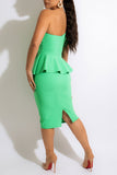 namcoverse Solid Color One Shoulder Tiered Ruffle Striking Twisted Peplum Midi Dress