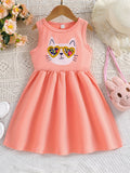 Adorable Toddler Girls Sleeveless Flared Dress with Charming Cartoon Cat Prints - Sun-Ready Summer Style for Little Fashionistas