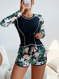 Random Tropical Print Mid Waist Short Bikini Sets Swimsuit for Women Long Sleeve Two Pieces Beachwear Bathing Suit Swimwear 240118