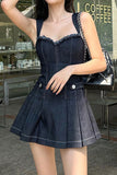 namcoverse Patchwork Hot Pleated Denim Mini Dress