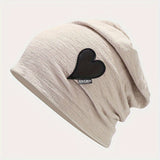 Soft & Cozy Classic Solid Color Heart Patch Slouchy Beanie - Warm, Lightweight, Elastic, and Sun Protective - Perfect for Daily Use in Autumn & Winter for Women