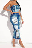 namcoverse Imitation Denim Print On-trend Bandeau Dress Suit