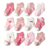 12 Pairs Of Girl's Trendy Pinky Design Floor Socks, Anti-skid Cotton Socks With Dot Glue, Boys Girls Kids Socks For All Seasons Wearing