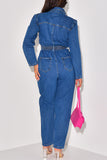 namcoverse Solid Color Notched Lapel Commuting Denim Jumpsuit