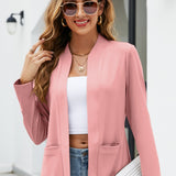 Elegant Solid Color Lapel Blazer for Women: Durable, Warm, Easy-Care with Pockets, Perfect for Fall/Winter