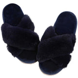 Slippers Comwarm Fashion Furry House Slippers Women Fluffy Fur Flip Flops Bedroom Fuzzy Flats Slippers Thick Sole Cross Band Indoor Shoes