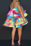 namcoverse Leaf Print Colorful Tiered Ruffle Mini Dress