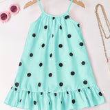 Girls Whimsical Polka Dot Dress - Delicate Spaghetti Strap, Sleeveless, Flirty Ruffle Hem, Halter Neckline - Perfect for Party Occasions, Ideal for Beach and Summer Fun