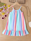 Vibrant Girls Rainbow Striped Sleeveless Ruffle Hem Halter Short Dress - Perfect Party Beach Wear for Summer - Fun, Flirty, and Feminine Design