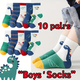 10 Pairs Of Boy's Adorable Cartoon Dinosaur Pattern Crew Socks, Comfy Breathable Casual Soft Socks For Kids Outdoor Activities