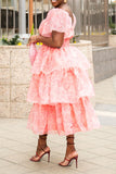 namcoverse Tulle Floral Print Sweet Tiered Ruffles Midi Dress