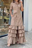 namcoverse Solid Color Pretty Belted Tiered Ruffle Maxi Dress