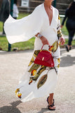 namcoverse Lemon Print Plunging Unique Cape Sleeve Midi Dress