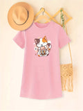 Kitten Print Girls Short Sleeve T-Shirt Dress - Soft, Breathable, Comfy, Slight Stretch Polyester Fabric - Cute, Stylish, Perfect for Spring/Summer, Gift Idea for Little Girls