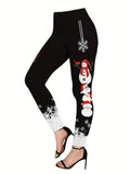 Women's Festive Christmas Snowman & Snowflake Print Long Sleeve Dress with High-Waist Leggings Set - Casual, Machine Washable