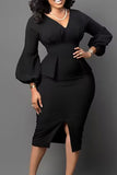 namcoverse Solid Color Elegant High Split Puff Sleeve Midi Dress