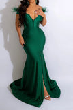 namcoverse Solid Color Feather Trim Festive High Split Maxi Dress