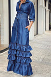 namcoverse Solid Color Pretty Belted Tiered Ruffle Maxi Dress