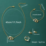 1 Pc Ring +1 Pc Necklace +1 Pc Bracelet +1 Pair Stud Earrings Stainless Steel Jewelry Set With Double Hollow Heart Design Rhinestones Inlaid Female Gift