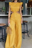 namcoverse Solid Color Ruffle Glamorous Cutout Waist Jumpsuit