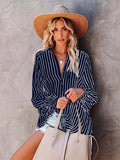 Plus Size Striped Print Lantern Sleeve Lapel Collar Tunic Shirt - Soft Slight Stretch Fabric, Semi-Sheer, Pocket Detail, Casual Style for Spring and Fall - Polyester Woven Shirting with Random Printing