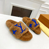 Wool integrated women slippers with soft plush open toe fur slippers fuzzy and fluffy home shoes indoor outdoor slippers