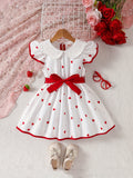 Adorable Girls Strawberry Pattern Sleeveless Doll Collar Ruffle Hem Dress with Belt - Casual Summer Outfit for Machine Washable Woven Fabric - Easy Care and Regular Fit