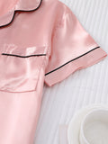 Womens Solid Satin Pajamas Set - Luxurious Short Sleeve Button Top & Bow Shorts - Soft Sleepwear & Loungewear for Stylish Nighttime Elegance, Summer Ready