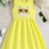 Adorable Toddler Girls Sleeveless Flared Dress with Charming Cartoon Cat Prints - Sun-Ready Summer Style for Little Fashionistas